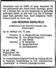 1989 Overlijden Jan Hendrik Bergveld [1914 - 1989]  